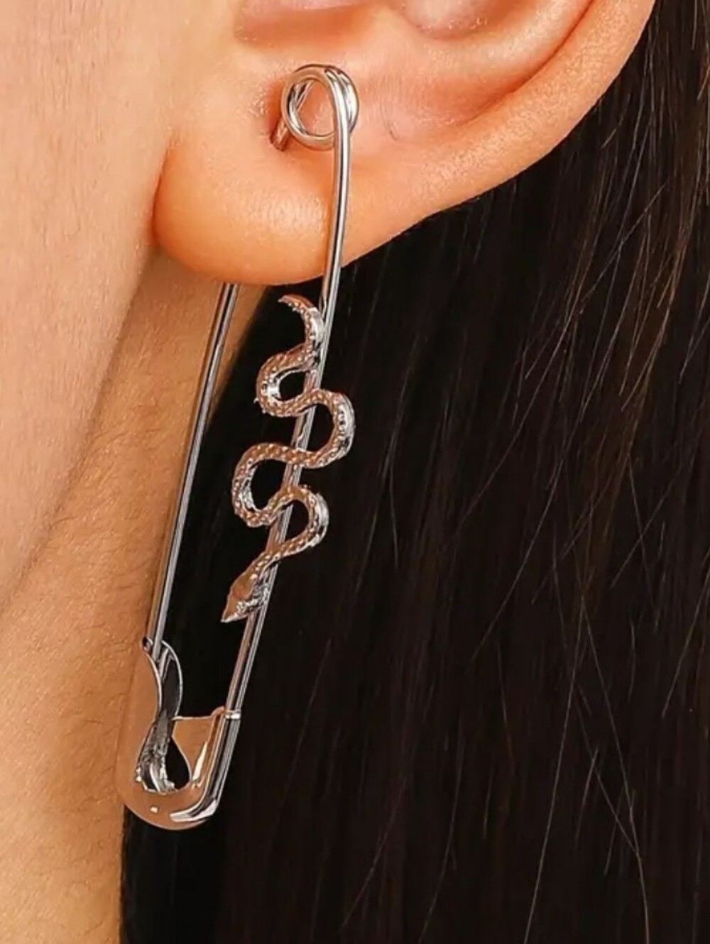 Trendy Snake Safety Pin Earrings - Picture 4 of 4